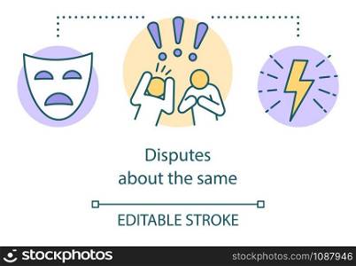 Disputes about same concept icon. Different opinions, matter of perspective idea thin line illustration. Tragedy mask, arguing people and lightning vector isolated outline drawing. Editable stroke