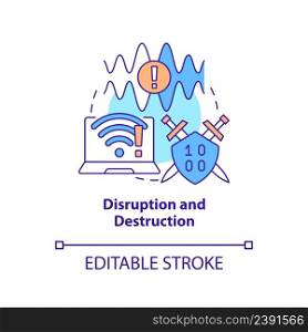 Disruption and destruction concept icon. Jamming signal. Information warfare tactic abstract idea thin line illustration. Isolated outline drawing. Editable stroke. Arial, Myriad Pro-Bold fonts used. Disruption and destruction concept icon