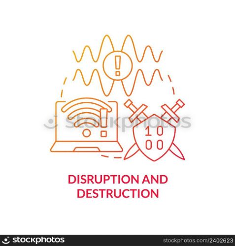 Disruption and destruction red gradient concept icon. Jamming signal. Information warfare tactic abstract idea thin line illustration. Isolated outline drawing. Myriad Pro-Bold font used. Disruption and destruction red gradient concept icon