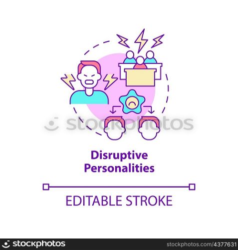 Disruptive personalities concept icon. Conflict between teammates. Teamwork abstract idea thin line illustration. Isolated outline drawing. Editable stroke. Roboto-Medium, Myriad Pro-Bold fonts used. Disruptive personalities concept icon