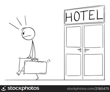 Dissatisfied unhappy tourist, guest or client is leaving hotel, vector cartoon stick figure or character illustration.. Unhappy Guest, Client or Tourist is Leaving Hotel , Vector Cartoon Stick Figure Illustration