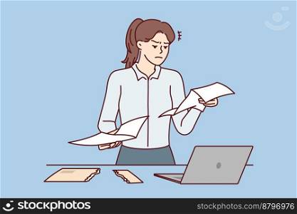 Dissatisfied woman secretary reads paper letter stands near table with laptop. Tense girl in business clothes examines documents sent by tax office with message about fine or debt. Flat vector image. Dissatisfied woman secretary reads paper letter stands near table with laptop. Vector image