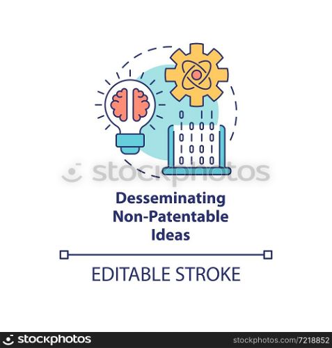 Disseminating non-patentable ideas concept icon. Scientific knowledge transfer. Nonfunctional invention abstract idea thin line illustration. Vector isolated outline color drawing. Editable stroke. Disseminating non-patentable ideas concept icon