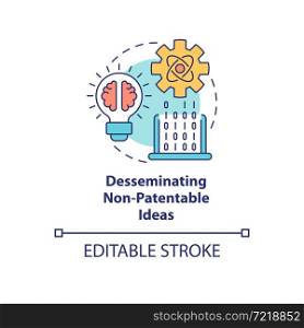 Disseminating non-patentable ideas concept icon. Scientific knowledge transfer. Nonfunctional invention abstract idea thin line illustration. Vector isolated outline color drawing. Editable stroke. Disseminating non-patentable ideas concept icon
