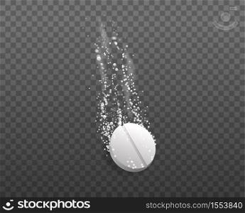 Dissolving effervescent tablet. White pill disintegrates into parts in water strong painkiller rescue from headache and toothache clipart medication with bubbling gas movement dissolution vector.. Dissolving effervescent tablet. White pill disintegrates into parts in water strong painkiller rescue from headache.