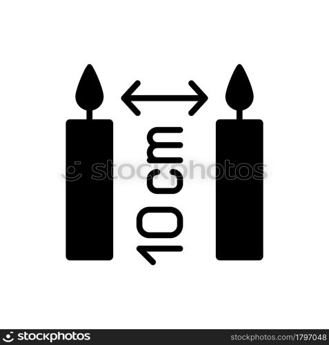 Distance between burning candles black glyph manual label icon. Placing three inches apart. Fire safety. Silhouette symbol on white space. Vector isolated illustration for product use instructions. Distance between burning candles black glyph manual label icon