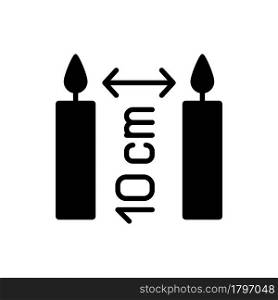 Distance between burning candles black glyph manual label icon. Placing three inches apart. Fire safety. Silhouette symbol on white space. Vector isolated illustration for product use instructions. Distance between burning candles black glyph manual label icon