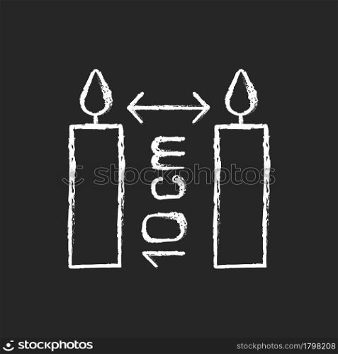 Distance between burning candles chalk white manual label icon on dark background. Place three inches apart. Fire safety. Isolated vector chalkboard illustration for product use instructions on black. Distance between burning candles chalk white manual label icon on dark background