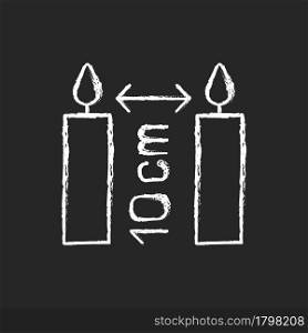 Distance between burning candles chalk white manual label icon on dark background. Place three inches apart. Fire safety. Isolated vector chalkboard illustration for product use instructions on black. Distance between burning candles chalk white manual label icon on dark background