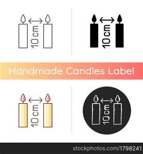 Distance between burning candles manual label icon. Placing three inches apart. Fire safety. Linear black and RGB color styles. Isolated vector illustrations for product use instructions. Distance between burning candles manual label icon