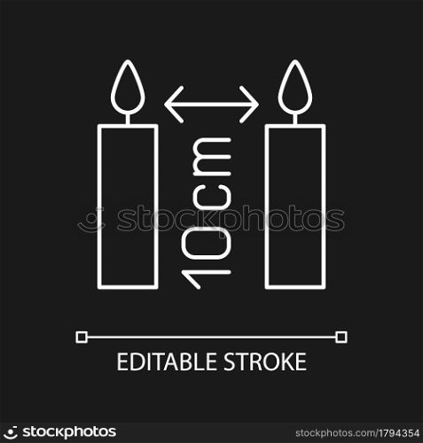 Distance between candles white linear manual label icon for dark theme. Thin line customizable illustration for product use instructions. Isolated vector contour symbol for night mode. Editable stroke. Distance between candles white linear manual label icon for dark theme