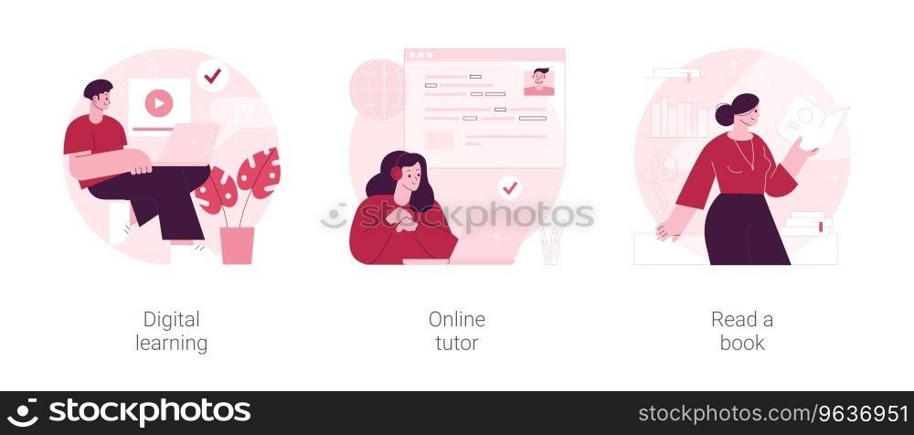 Distance education abstract concept vector illustration set. Digital learning, online tutor, read a book, home school, video call, watch webinar, download e-book, homework abstract metaphor.. Distance education abstract concept vector illustrations.