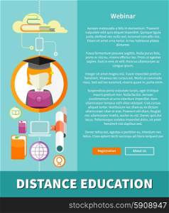 Distance education and learning. Online courses webinare and web school. Knowledge and information. Study process. E-learning concept. Banners in flat design with place for text. Distance Education and Learning Concept