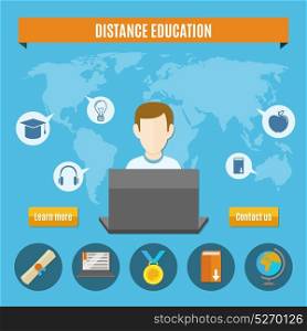 Distance Education Composition. Distance education composition or banner on website with learn more and contact us buttons vector illustration