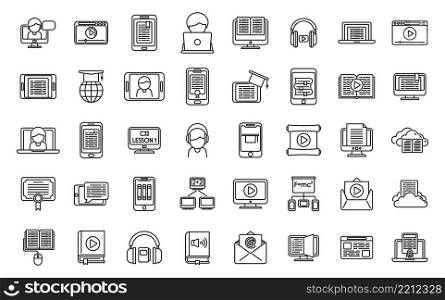 Distance education icons set outline vector. Online home class. Education learn. Distance education icons set outline vector. Online home class