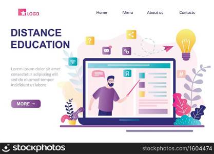 Distance education landing page template. E-learning, home schooling. Man tutor or teacher on display. Web courses or tutorials concept. Online education platform, application.Flat Vector illustration
