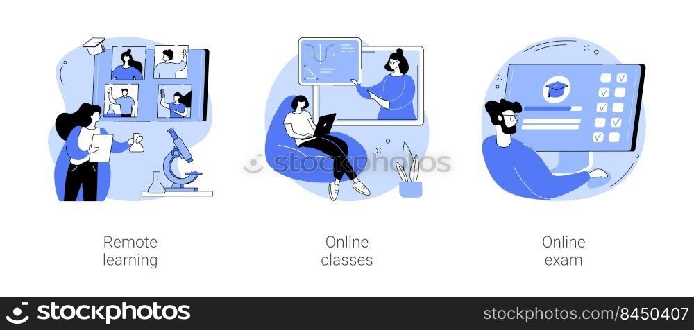 Distance educational process isolated cartoon vector illustrations set. Remote learning, online classes, exam form, modern student life, educational process during pandemic vector cartoon.. Distance educational process isolated cartoon vector illustrations se