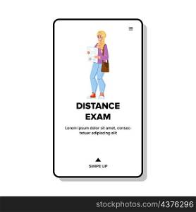 Distance Exam Girl Student Passed Success Vector. Grade Test Result Showing Schoolgirl After Distance Exam. Character Teenager Pupil Remote Examination Web Flat Cartoon Illustration. Distance Exam Girl Student Passed Success Vector