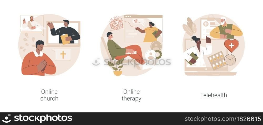 Distance help and support abstract concept vector illustration set. Online church, online therapy, telehealth, worship services, mental health, stay at home, social distancing abstract metaphor.. Distance help and support abstract concept vector illustrations.