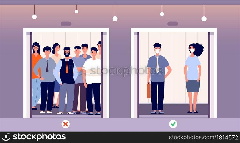 Distance in elevator. Self protection, flu virus protect in public instruction. People in lift, safety vector concept. Keep distancing in elevator, prevention coronavirus distance illustration. Distance in elevator. Self protection, flu virus protect in public place instruction. People in lift, safety lifestyle utter vector concept
