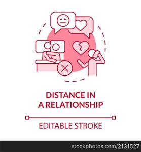 Distance in relationship pink concept icon. Couple issues. Divorce reason abstract idea thin line illustration. Isolated outline drawing. Editable stroke. Roboto-Medium, Myriad Pro-Bold fonts used. Distance in relationship pink concept icon