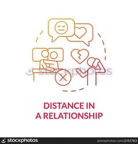 Distance in relationship red gradient concept icon. Communication problem. Divorce reason abstract idea thin line illustration. Isolated outline drawing. Roboto-Medium, Myriad Pro-Bold fonts used. Distance in relationship red gradient concept icon