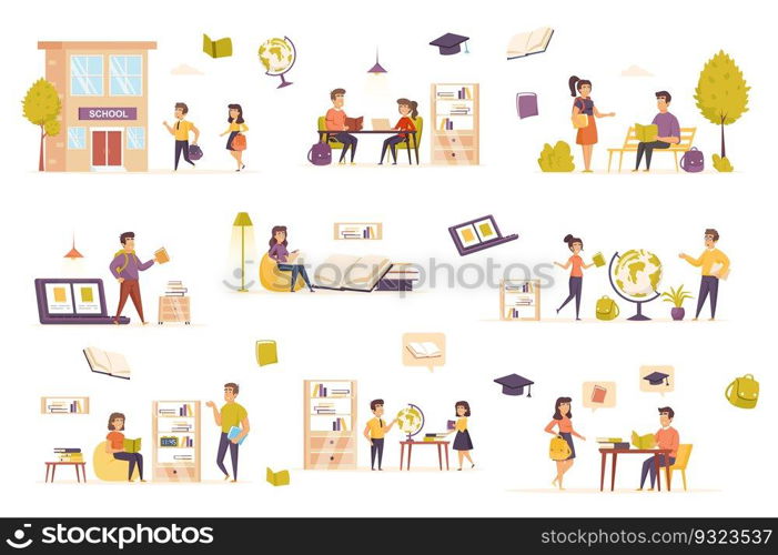 Distance learning bundle of flat scenes. Self education isolated set. student, library, globe, bookshelf, furniture, school building, pupil, laptop elements. Reading books cartoon vector illustration.