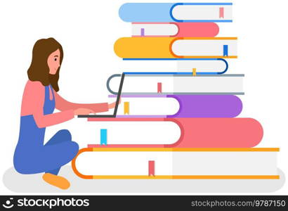 Distance learning education, online library concept. Young woman studies sitting on background of stack of books, using gadget to read textbooks. Reading e-books with laptop, studying online. Distance learning education, online library concept. Young woman studies and reads with laptop