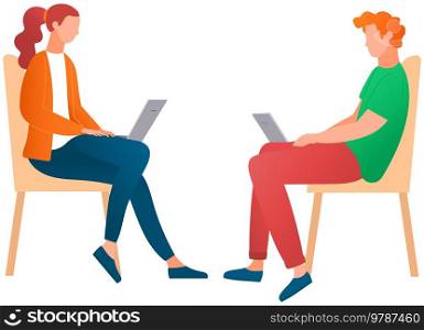 Distance learning, freelance and internet entertainment. Couple sitting with laptops chatting, working. Remote work, online freelancing. Online communication, internet surfing, people work together. Online communication, internet surfing, people work together. Couple sitting with laptops chatting