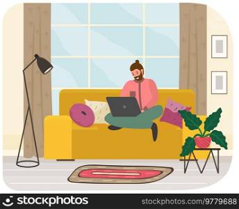 Distance learning, freelance and internet entertainment. Man sitting with laptop on sofa at home. Remote work, online freelancing, internet surfing concept. Interior design of room for work. Man sitting with laptop on sofa at home. Remote work, online freelancing, internet surfing