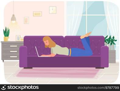 Distance learning, freelance and internet entertainment. Woman lying with laptop on couch at home. Remote work, online home freelancing, programming. Online communication, internet surfing concept. Woman lying with laptop on couch at home. Online communication, internet surfing, freelance
