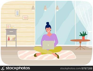 Distance learning, freelance and internet entertainment. Woman sitting with laptop in living room at home. Remote work, online home freelancing concept. Online communication, internet surfing. Woman sitting with laptop in living room at home. Distance learning, freelancer on internet