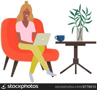 Distance learning, freelance and internet entertainment. Woman working with laptop home. Remote work, typing on computer keyboard, online home freelancing. Girl looking screen. Chatting, communication. Distance learning, freelance and internet entertainment. Woman working with laptop home