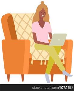 Distance learning, freelance and internet entertainment. Woman working with laptop home. Remote work, typing on computer keyboard, online home freelancing. Girl looking screen. Chatting, communication. Distance learning, freelance and internet entertainment. Woman working with laptop home
