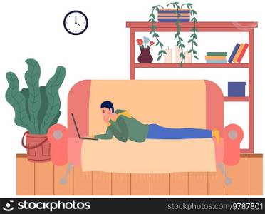 Distance learning, freelance and internet job. Man lying with laptop on couch at home. Remote work, online home freelancing, entertainment. Online communication, internet surfing in living room. Distance learning, freelance and internet job. Young man lying with laptop on couch at home