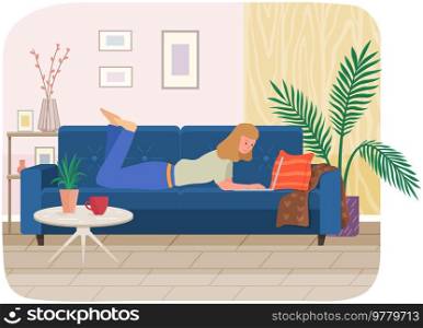 Distance learning, freelance and internet job. Woman lying with laptop on couch at home. Remote work, online home freelancing, entertainment. Online communication, internet surfing in living room. Online communication, internet surfing in living room. Woman lying with laptop on couch at home
