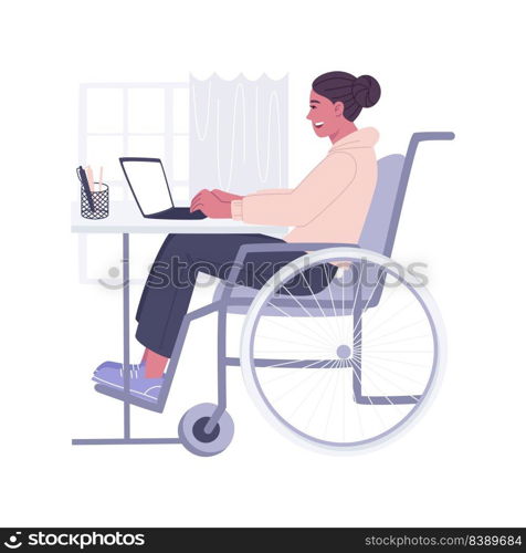 Distance learning isolated cartoon vector illustrations. Girl in wheelchair makes online studies, education process during quarantine, remote learning at university, student life vector cartoon.. Distance learning isolated cartoon vector illustrations.