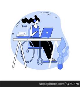 Distance learning isolated cartoon vector illustrations. Girl in wheelchair makes online studies, education process during quarantine, remote learning at university, student life vector cartoon.. Distance learning isolated cartoon vector illustrations.