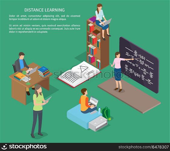 Distance Learning of People Vector Web Banner. Distance learning of people vector web banner. Illustration of teacher near blackboard and studying students at various workplaces