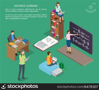 Distance Learning of People Vector Web Banner. Distance learning of people vector web banner. Illustration of teacher near blackboard and studying students at various workplaces