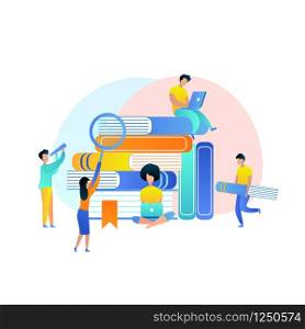 Distance Learning, Online Courses, Education, Online Books And Textbooks, Collective Learning, Exam Preparation. Young People Stydying Together Isolated On White Background. Flat Vector Illustration. Young People Collective Learning, Exam Preparation
