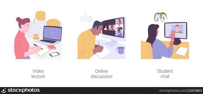 Distance learning virtual communication isolated cartoon vector illustrations set. Video lecture, online discussion, student chat at live video conference, watching recorded classes vector cartoon.. Distance learning virtual communication isolated cartoon vector illustrations set.