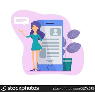 Distance learning. Young teacher character and smartphone. Woman greetings online app users. Remote education courses or webinars vector concept. Illustration online education, smartphone e-learning. Distance learning. Young teacher character and smartphone. Woman greetings online app users. Remote education courses or webinars vector concept