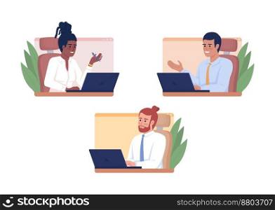 Distance team meeting flat concept vector illustration. Work network. Editable 2D cartoon characters on white for web design. Online communication creative idea for website, mobile, presentation. Distance team meeting flat concept vector illustration