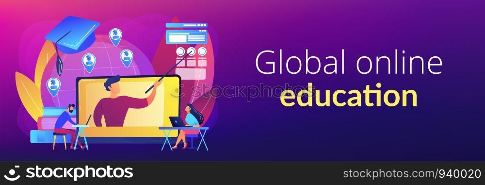 Distance university students flat characters watching tutorial video. Global online education, e-learning tools, internet training webinar concept. Header or footer banner template with copy space.. Global online education concept banner header.