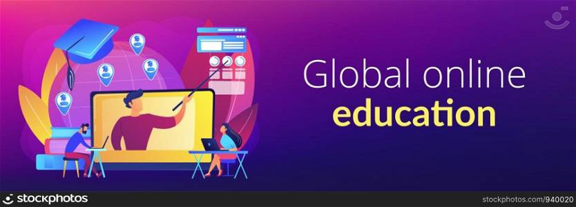 Distance university students flat characters watching tutorial video. Global online education, e-learning tools, internet training webinar concept. Header or footer banner template with copy space.. Global online education concept banner header.