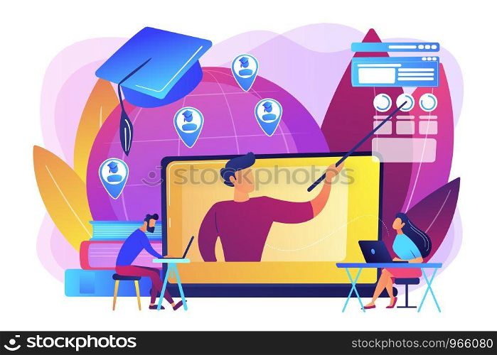 Distance university students flat characters watching tutorial video. Global online education, e-learning tools, internet training webinar concept. Bright vibrant violet vector isolated illustration. Global online education concept vector illustration.