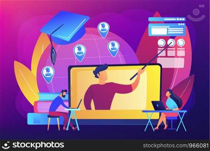 Distance university students flat characters watching tutorial video. Global online education, e-learning tools, internet training webinar concept. Bright vibrant violet vector isolated illustration