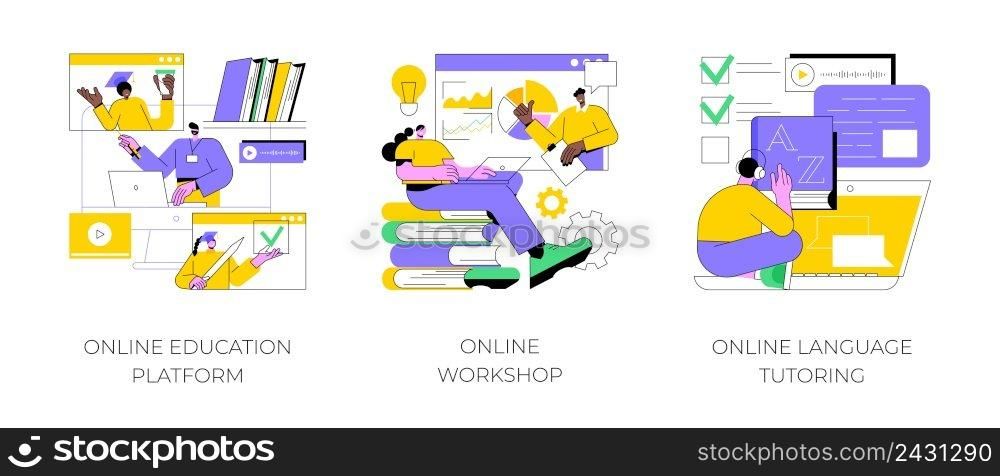 Distance web learning abstract concept vector illustration set. Online education platform, workshop and language tutoring, video call, educational webinar, personal tutor courses abstract metaphor.. Distance web learning abstract concept vector illustrations.