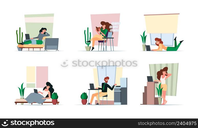 Distance work. Freelancer working at home relax persons healthy professional workflow in interior space vector people laptop and computer printing. Illustration of home freelance distance. Distance work. Freelancer working at home relax persons healthy professional workflow in interior space garish vector people laptop and computer printing